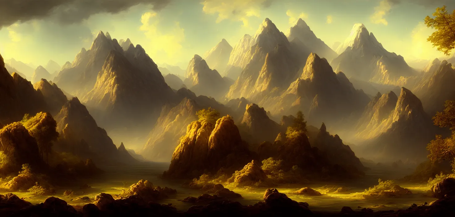 Image similar to a painting of a landscape with mountains and trees, a matte painting by william didier - pouget, cgsociety, fantasy art, matte painting, apocalypse landscape, concept art