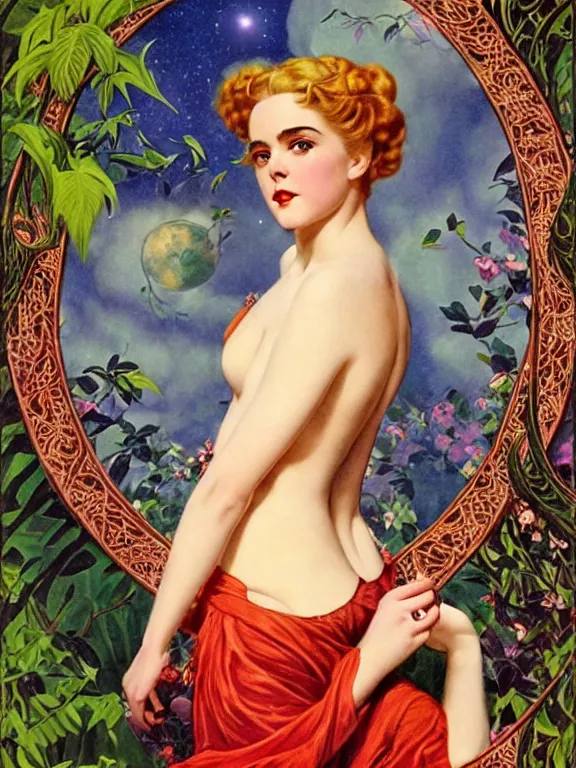 Prompt: kiernan shipka as the goddess Lilith mother of witches and vampires, a beautiful art nouveau portrait by Gil elvgren, moonlit lush jungle garden of Eden environment, centered composition, defined features, golden ratio, intricate gold jewlery