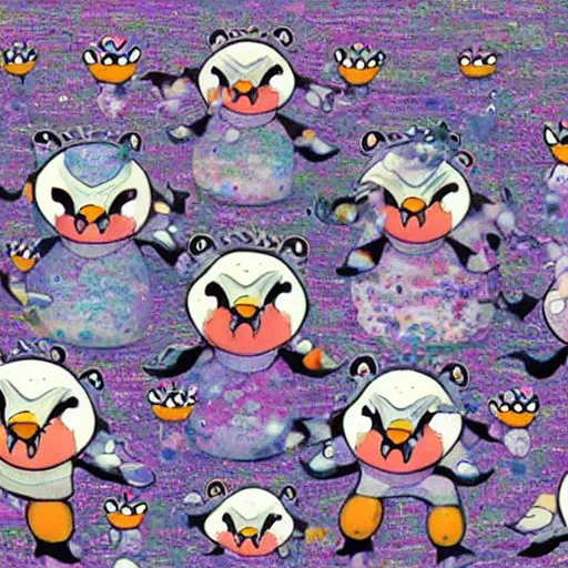 Image similar to illustration still of trippy furry chubby chibi penguins dancing by takashi murakami