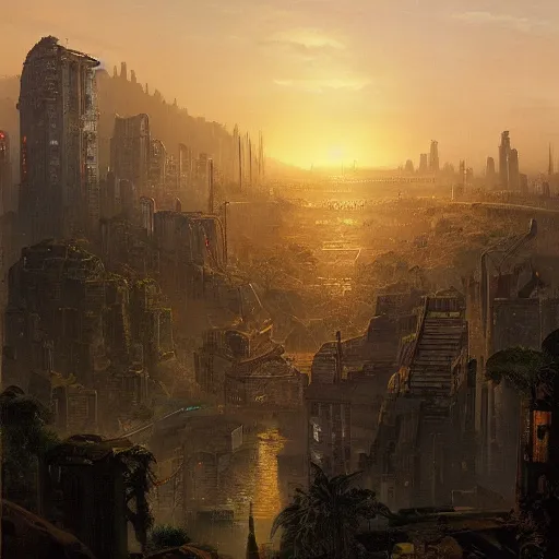 Image similar to vista of a city at sunset, the city is a sprawling renaissance city that is built amidst brutalist cyclopean tombs and overgrown by the rainforest, rpg, hubert robert, cityscape, vista, dying earth, gene wolfe