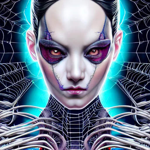 Image similar to high quality, high detailed portrait of a spider queen, a cyberpunk character in a retro - futuristic world, white porcelain translucent skin. hyperrealism, intricate details, cables, wires. connectors led. tristan eaton, victo ngai, artgerm, rhads, ross draws, alphonse mucha, pastel colors, vintage, artstation, vector gradient. 8 k