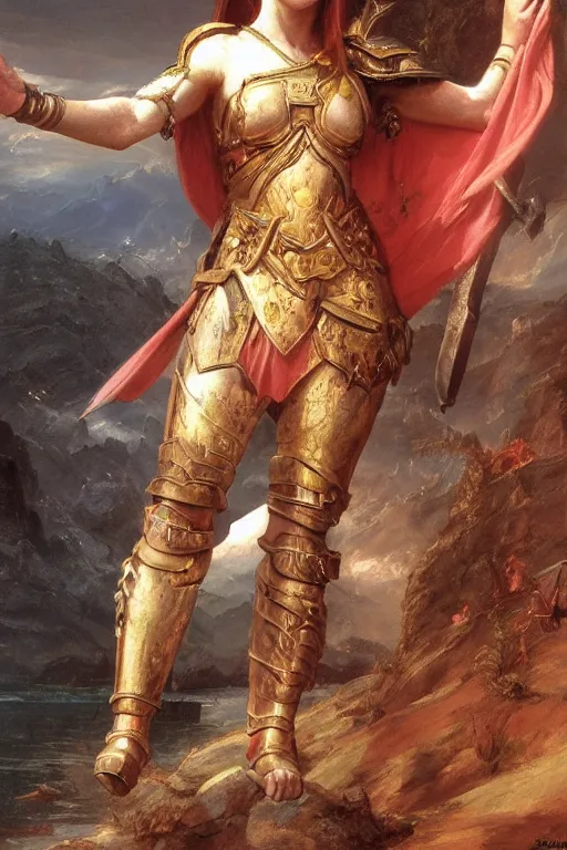 Prompt: beautiful female warrior, half body portrait, ginger hair, ornate armour, hand outstretched and pointing to the distance, realistic oil painting by Thomas Cole and Wayne Barlowe