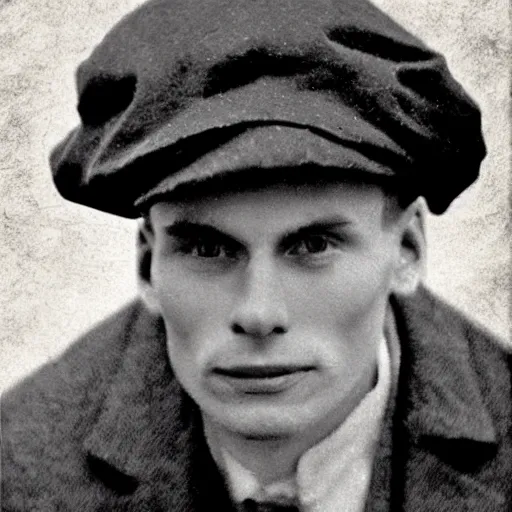 Image similar to A photograph portrait of Jerma985 wearing a newsboy cap in the early 1900s, taken in the early 1900s, grainy, taken on a early 1900s Kodak Camera, realistic, hyperrealistic, very realistic, highly detailed, very detailed, extremely detailed, detailed, digital art, trending on artstation