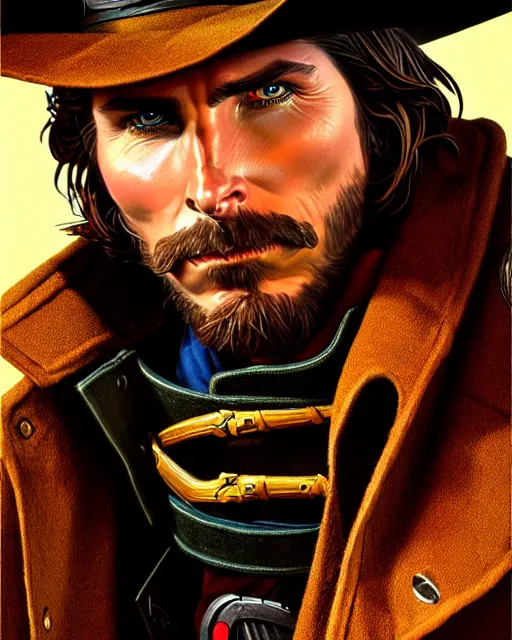 Prompt: christian bale as mccree from overwatch, character portrait, portrait, close up, highly detailed, intricate detail, amazing detail, sharp focus, vintage fantasy art, vintage sci - fi art, radiant light, caustics, by boris vallejo
