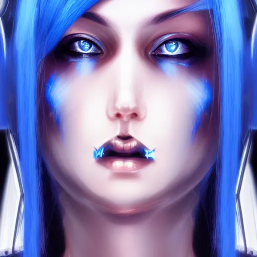 Prompt: a close up of a woman with blue hair, cyberpunk art by Artgerm, featured on cgsociety, fantasy art, deviantart, 2d game art, deviantart hd