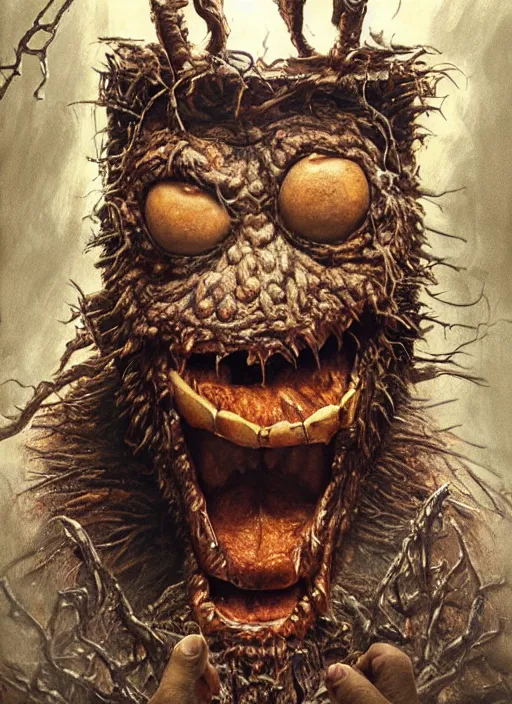 Image similar to portrait of Cookie Monster in Evil Dead (2013), highly detailed, centered, solid color background, digital painting, artstation, concept art, smooth, sharp focus, illustration, artgerm, donato giancola, Joseph Christian Leyendecker, Les Edwards, Ed Repka, WLOP