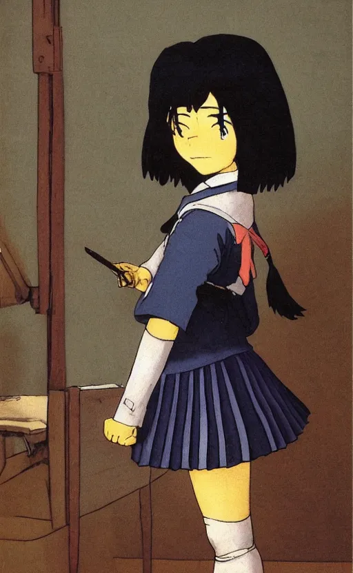 Prompt: school girl, school uniform, seifuku, pleated miniskirt, overknee socks, battle angel alita. by rembrandt 1 6 6 7, illustration, by roger hargreaves, jim henson, by william - adolphe bouguerea