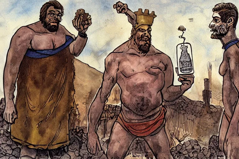 Image similar to odysseus presenting a wine flask to the giant cyclops by enki bilal