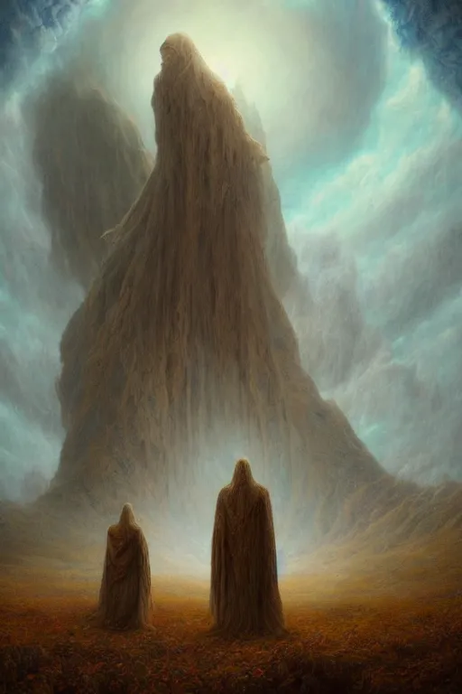 Prompt: a tall mythical humanoid monster looming over a tiny human in an epic landscape, ethereal fantasy, blooodborne, artstation, agostino arrivabene, james gurney