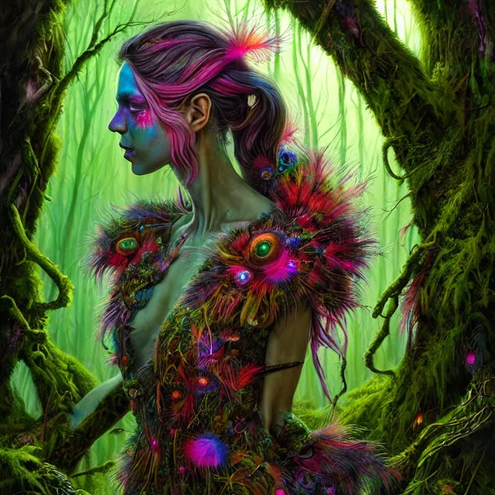 Prompt: bright psychedelic portrait of organic cyborg covered in moss and feathers in an ancient forest, diffuse lighting, fantasy, intricate, elegant, highly detailed, lifelike, photorealistic, digital painting, artstation, illustration, concept art, smooth, sharp focus, art by John Collier and Albert Aublet and Krenz Cushart and Artem Demura and Alphonse Mucha