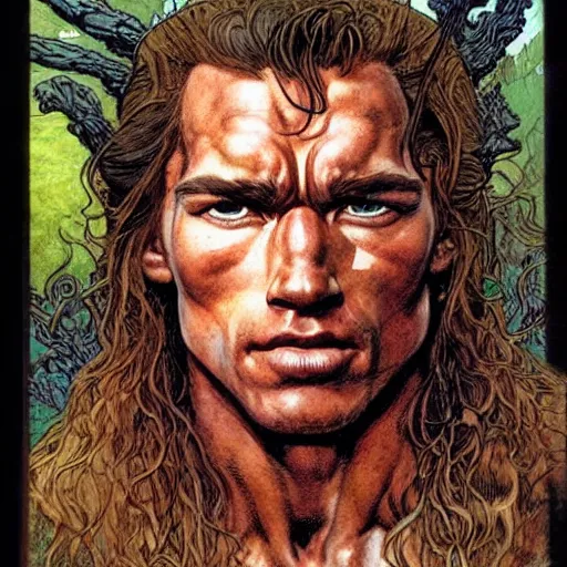 Image similar to a realistic, very beautiful and atmospheric portrait of young arnold schwarzenegger as a druidic warrior wizard looking at the camera with an intelligent gaze by rebecca guay, michael kaluta, charles vess and jean moebius giraud