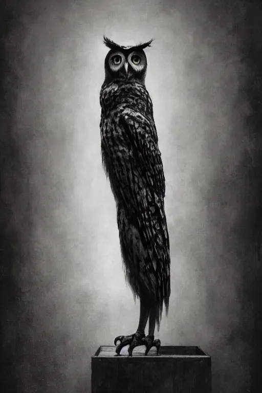 Image similar to wet plate photograph of an anthropomorphic owl standing alone in the waiting room of a victorian - era brothel, dramatic lighting, highly detailed, digital painting, artstation, concept art, smooth, sharp focus, illustration, art by wlop, mars ravelo and greg rutkowski