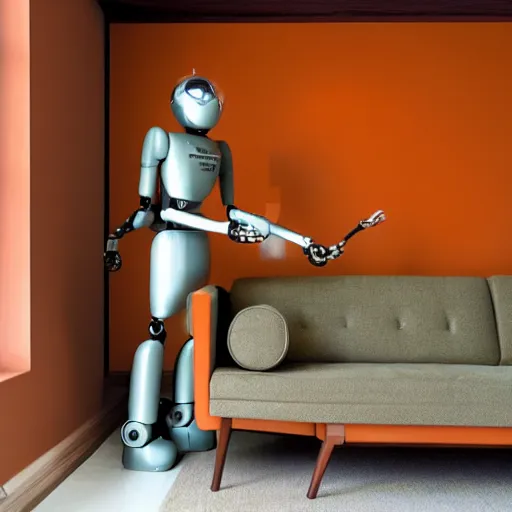 Prompt: photo of a robot maid in a mid century modern living room, burnt orange, olive green, earth tones, retro future, marcelline stoyke, eric joyner