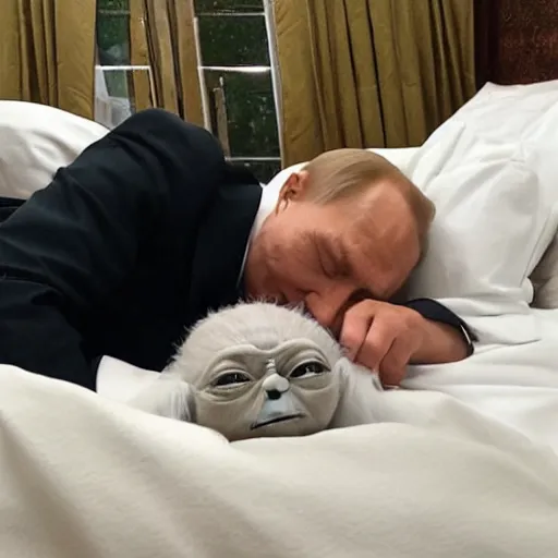 Image similar to putin sleeping in bed next to yoda