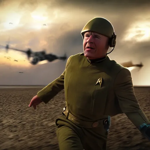 Prompt: captain j. kirk from star trek storming the beaches of normandy on d - day. film still, ultra realism, dramatic lighting, action pose, zeiss lens, canon eos, artstation, dynamic pose, redshift, octane