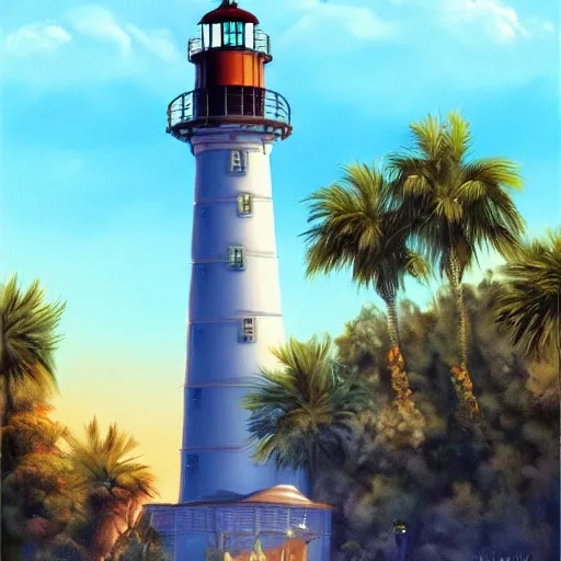 Image similar to painting of universal's islands of adventure lighthouse, universal orlando, artstation