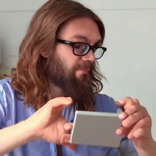 Prompt: a screenshot of a handsome guy with chestnut hair long hair glasses showing gadgets in 5 minutes craft video