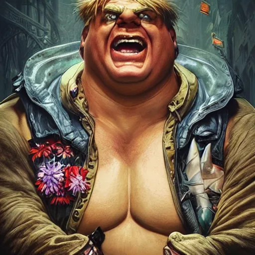 Prompt: chris farley as blanka from street fighter, squatting, ultra realistic, concept art, intricate details, eerie, highly detailed, photorealistic, octane render, 8 k, unreal engine. art by artgerm and greg rutkowski and magali villeneuve and alphonse mucha