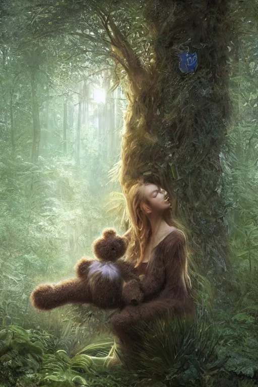 Image similar to mean fluffy teddybear protecting girl in a forest with rays of light coming through the canopy, masterpiece, dystopian, sci-fi, extremely detailed, digital painting, sculpted in zbrush, artstation, concept art, smooth, sharp focus, illustration, chiaroscuro lighting, golden ratio, incredible art, artgerm, greg rutkowski, alphonse mucha, simon stalenhag, carravaggio