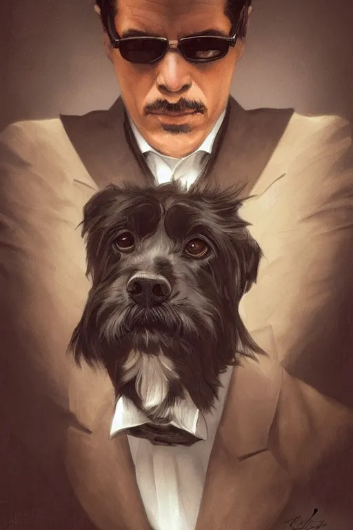 Image similar to portrait illustration of a dog as a italian mafia leader, intricate, elegant, highly detailed, digital painting, artstation, concept art, smooth, sharp focus, illustration, art by artgerm and greg rutkowski and alphonse mucha and william - adolphe bouguereau