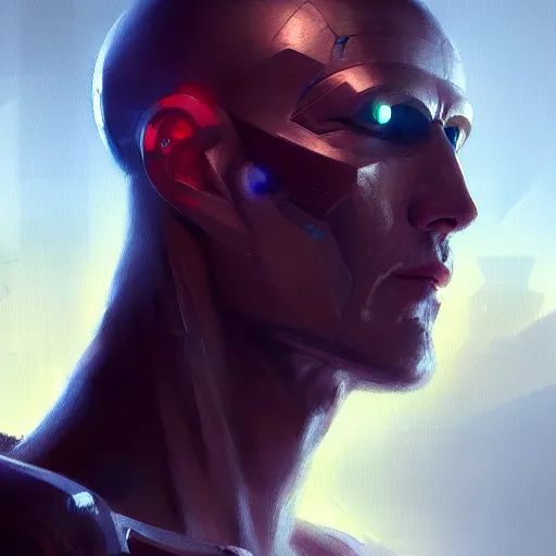 Image similar to cyborg man with cybernetic implants, beautiful, concept art oil painting, portrait ethereal by jama jurabaev, greg rutkowski extremely detailed, brush hard, artstation, soft light