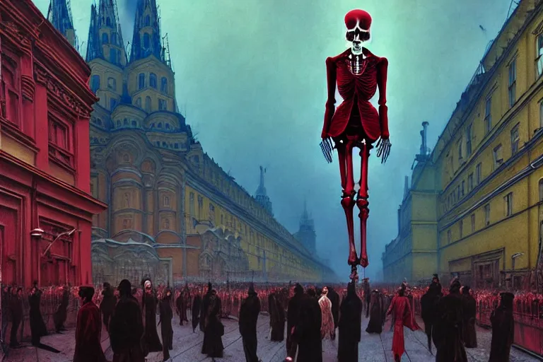 Image similar to realistic detailed photorealistic film portrait shot of a single skeleton wearing crimson velvet blazer in a crowded futuristic moscow street by Denis Villeneuve, Amano, Yves Tanguy, Alphonse Mucha, Ernst Haeckel, Andrei Tarkovsky, Edward Robert Hughes, Roger Dean, rich moody colours, wide angle, blue eyes