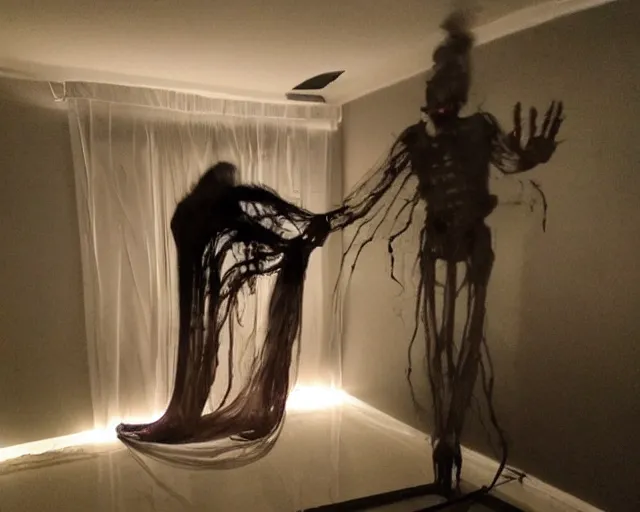 Image similar to transparent horror demon evil spirit attacks in living room with interior photos shot on iphone, dynamic pose, full body shot, sharp focus, grainy, corpse, paranormal flashlight, deep night, total darkness,