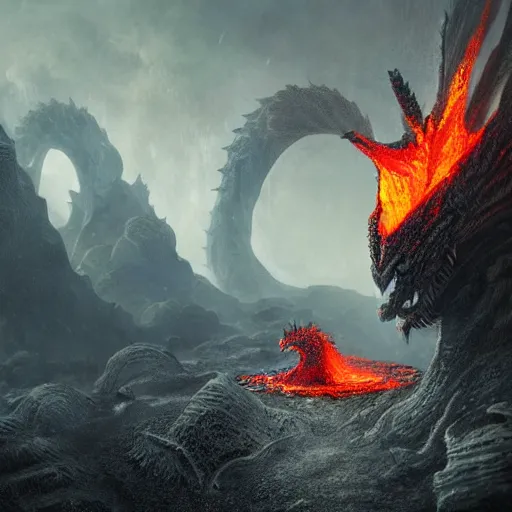 Image similar to dragon made of molten stone dripping with lava rising from the ground, digital art, highly detailed, intricate, tense atmosphere, menacing, scary, 8 k, by greg rutkowski