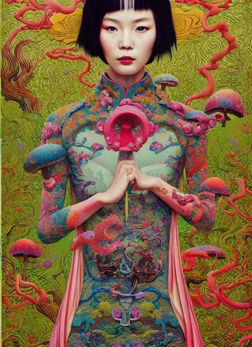 Image similar to pretty chinese model with hallucination mushroom : : by martine johanna and simon stalenhag and chie yoshii and casey weldon and wlop : : ornate, dynamic, particulate, rich colors, intricate, elegant, highly detailed, vogue, harper's bazaar art, fashion magazine, smooth, sharp focus,