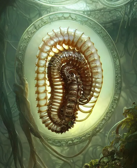 Image similar to intricate ornate opulent transparent clear see - through portrait of a horrific beautiful male human isopod nautilus snake, adorable, childlike, overgrown biopunk jungle environment, ultra realistic, concept art, art nouveau, photorealistic, octane render, 8 k, unreal engine. art by christopher marley and artgerm and greg rutkowski and alphonse mucha