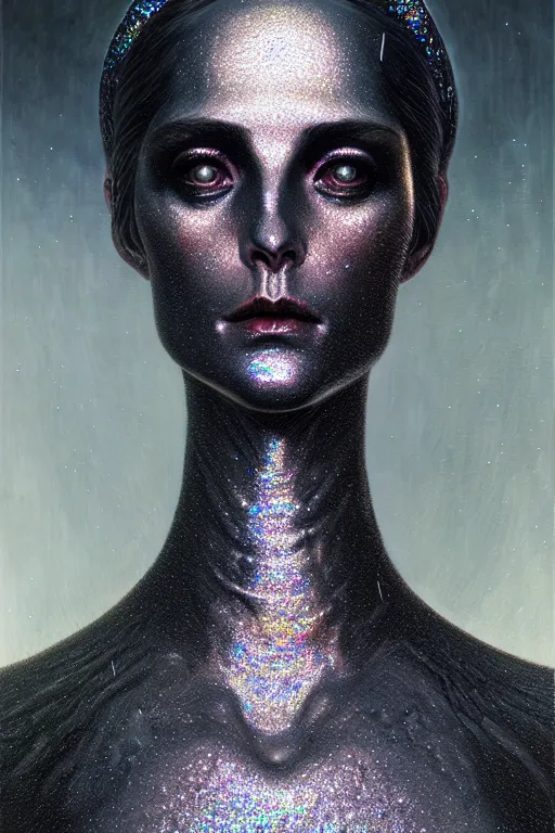 Prompt: pearlescent black lilith! the mother of all demons, covered in iridescent glitter!!, raining ash, fine art masterpiece, highly detailed dino valls wayne barlowe machiej kuciara, dramatic lighting, long shot, side angle, uhd 8 k, sharp focus