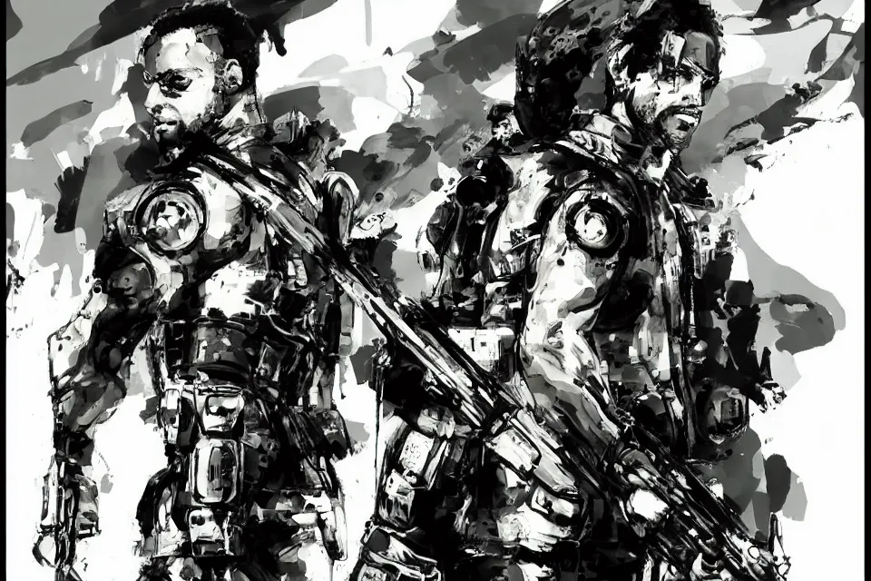 Prompt: a full - body portrait of stephen curry with guns, in yoji shinkawa's art style, metal gear solid art style highly detailed, 4 k, artistic, white background, b & w