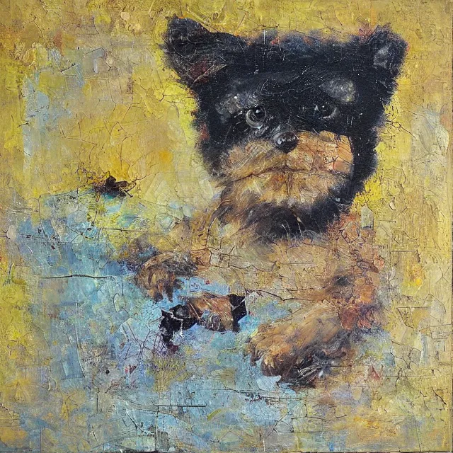 Prompt: the uncertain is cute. oil and found materials on canvas, 1 5 0 cm x 1 5 0 cm. private collection.