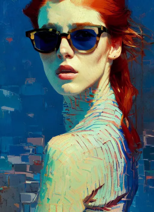 Image similar to portrait of a beautiful girl, redhead, shades of blue, beautiful face, rule of thirds, intricate outfit, spotlight, by greg rutkowski, by jeremy mann, by francoise nielly, by van gogh, digital painting