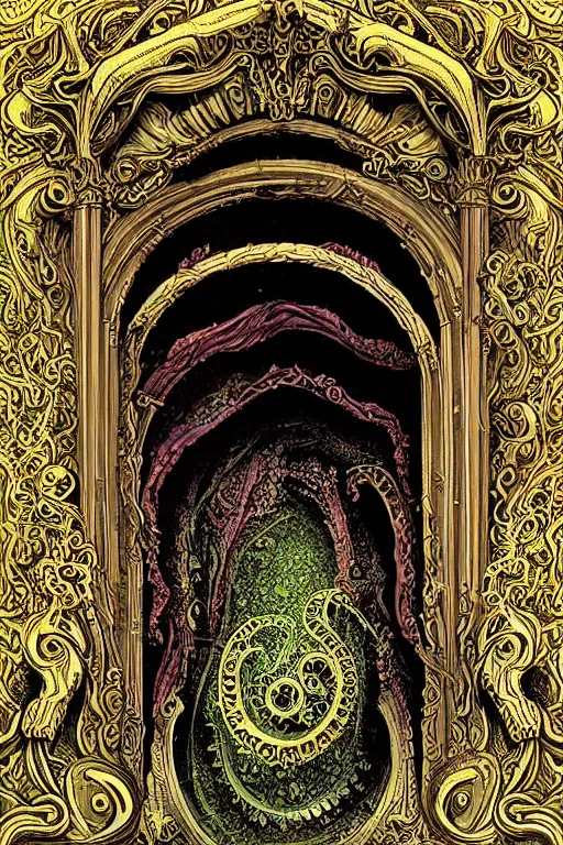 Image similar to art nouveau baroque architecture, demonic lovecraftian mouth gateway doorway portal to infernal hell, ornate stonework, made of bone and teeth, hyperdetailed cosmic gems, volumetric lighting, sigils, magenta and green color palette, wayne barlowe , moebius, yoshitako amano