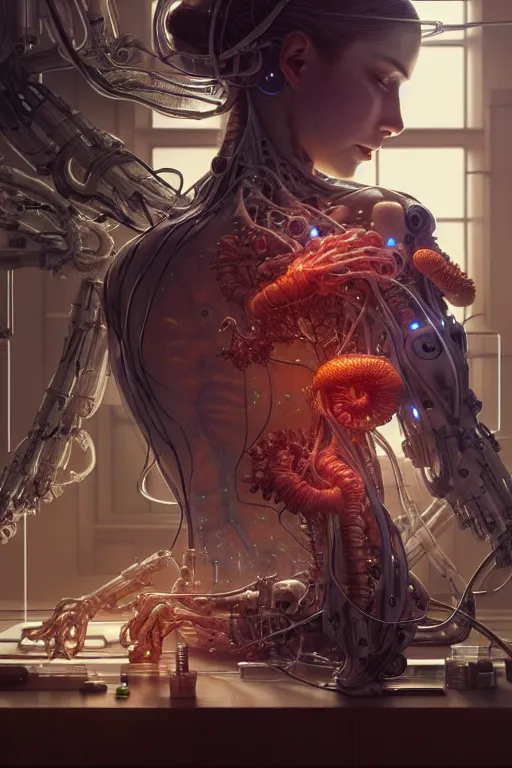 Prompt: ultra realistic, a beautiful cyborg woman's nervous system and organs are spread over a lab table, sci - fi, intricate details, eerie, highly detailed, octane render, 8 k, art by artgerm and alphonse mucha and greg rutkowski