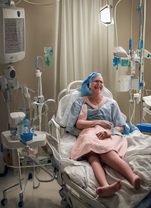 Image similar to an award winning hopeful photo of a bald 4 5 year old woman hospital patient sitting in a hospital room, wearing a hospital gown, with an iv drip, hopeful, smiles at a girl sitting on a guest chair. marketing photo by charlie waite, max rive, caroline foster.