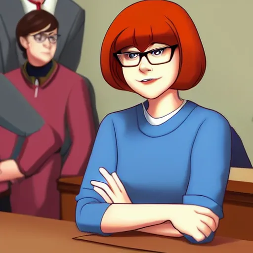 Prompt: Velma Dinkley from Scooby Doo in court for falsely accusing someone of being a criminal. Pixiv, artstation