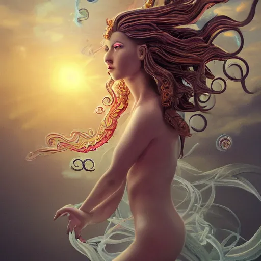 Prompt: Full body photo of the most beautiful goddess, she has a jellyfish-phoenix head's and a siren body, some tentacles are touching her, she flying to heaven over the soft clouds, by Tooth Wu, trending on Artstation, digital art, symmetrical artwork, cinematic, hyper realism, high detail, octane render, 4k, 8k