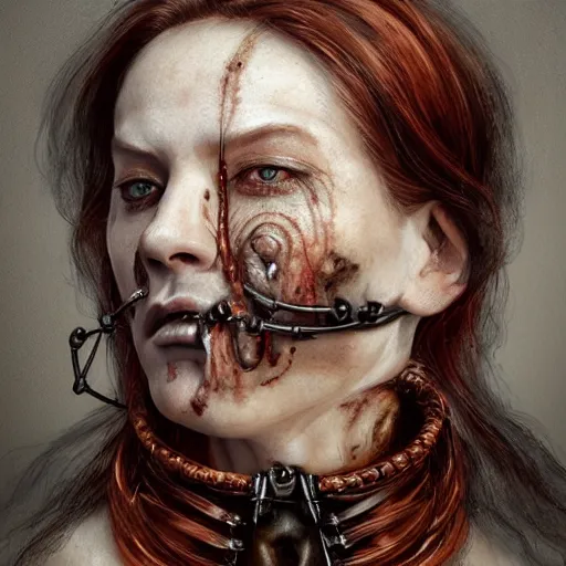 Image similar to portrait of a Shibari barbed wire wrapped face and neck, headshot, insanely nice professional hair style, dramatic hair color, digital painting, of a old 17th century, old cyborg merchant, amber jewels, baroque, ornate clothing, scifi, realistic, hyperdetailed, chiaroscuro, concept art, art by Franz Hals and Jon Foster and Ayami Kojima and Amano and Karol Bak,