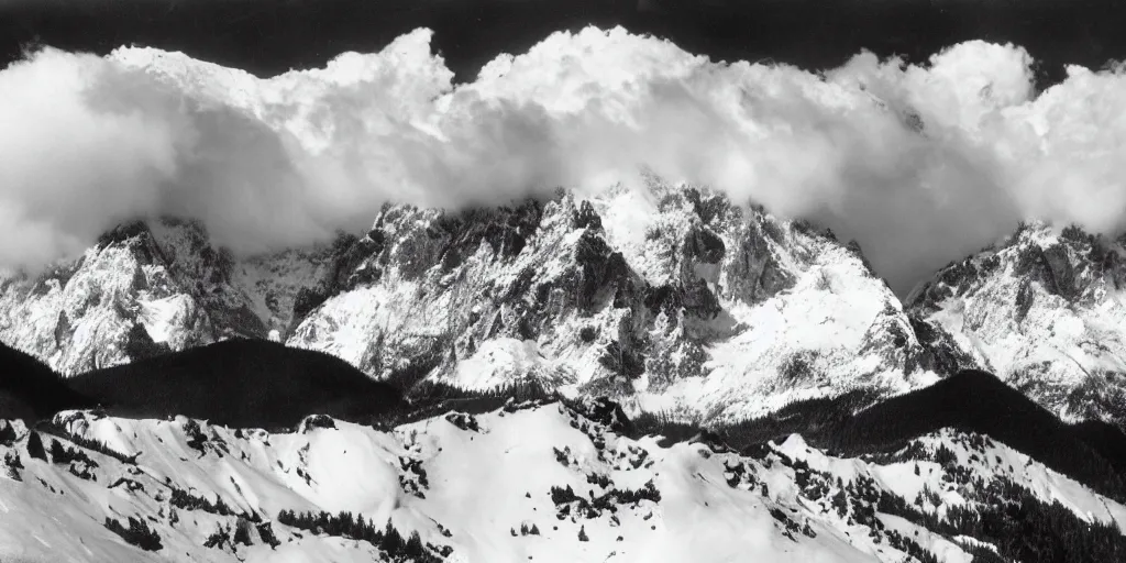 Image similar to tall mountains covered in snow with huge clouds, photo by Ansel Adams,