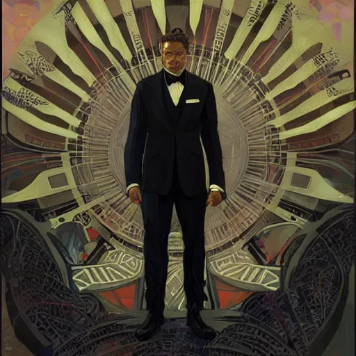 Prompt: Gavin McInnes wearing a suit in the Black Panther, sigma male, portrait art by alphonse mucha and greg rutkowski, highly detailed, digital painting, concept art, illustration, dim lighting with twilight rays of sunlight, trending on artstation, very detailed, smooth, sharp focus, octane render