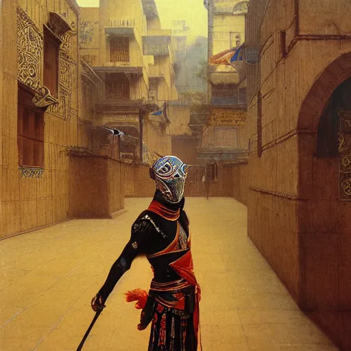 Image similar to portrait of masked Byzantine Tang Dynasty dancer on the art deco streets of the Undying Empire city of ya-Sattra during the Festival of Masks, award-winning realistic sci-fi concept art by Beksinski, Bruegel, Greg Rutkowski, Alphonse Mucha, and Yoshitaka Amano