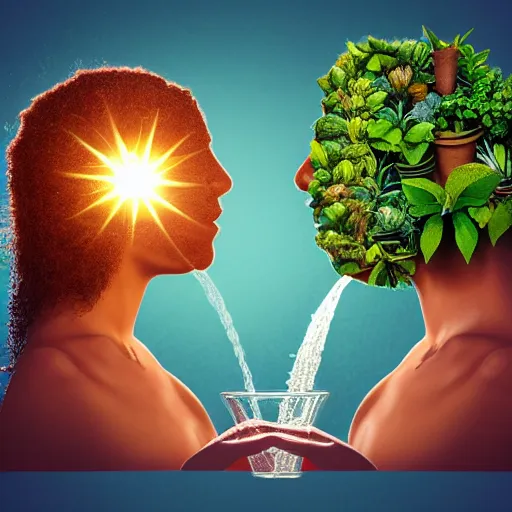 Image similar to a couple watering each other's heads which are made of plants and the sun is shining