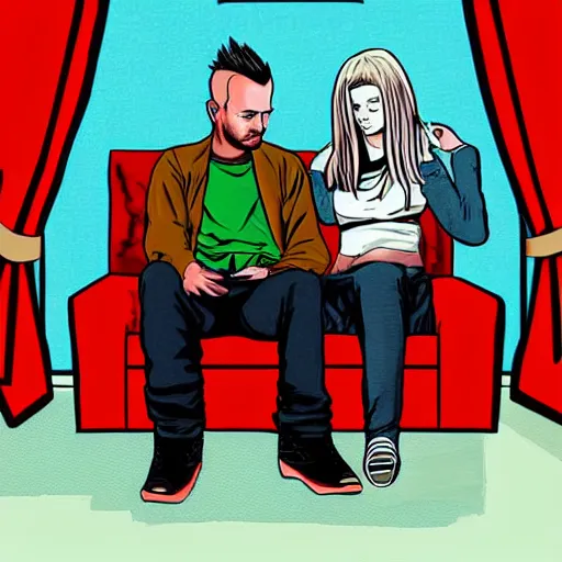 Image similar to a digital art of jessie pinkman and jessie pinkman, sitting on two sofas, watching tv, holding hands, back to the camera, storybook art, detailed, profile shot, featured on artstation