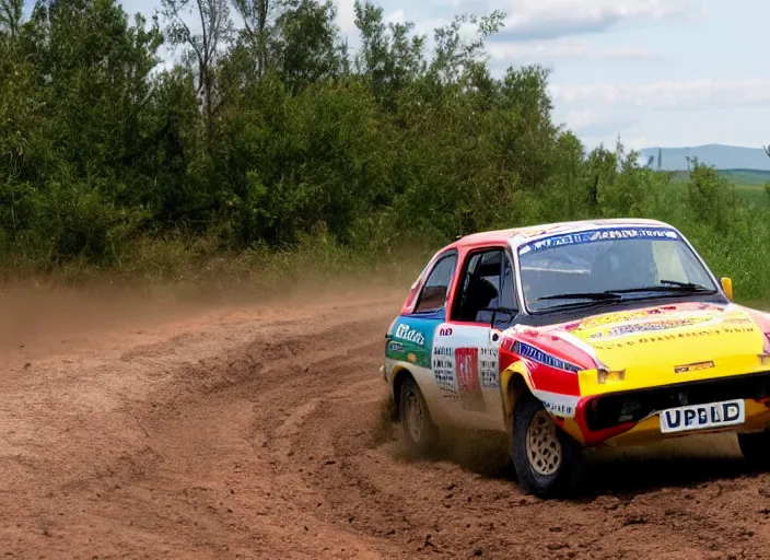 Image similar to photo of a Reliant Robin doing 120 km/h on a dirt road, rally race