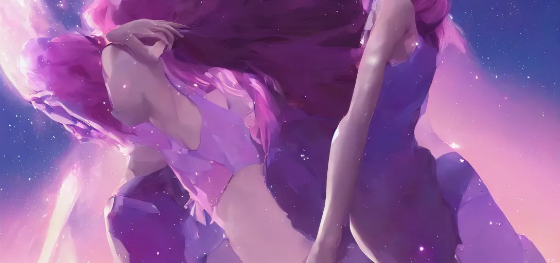 Prompt: beautiful woman floating in space peacefully, crystallized bodysuit, pinks blue an purples, extra long hair, full body, wojtek fus, by Makoto Shinkai and Ilya Kuvshinov,