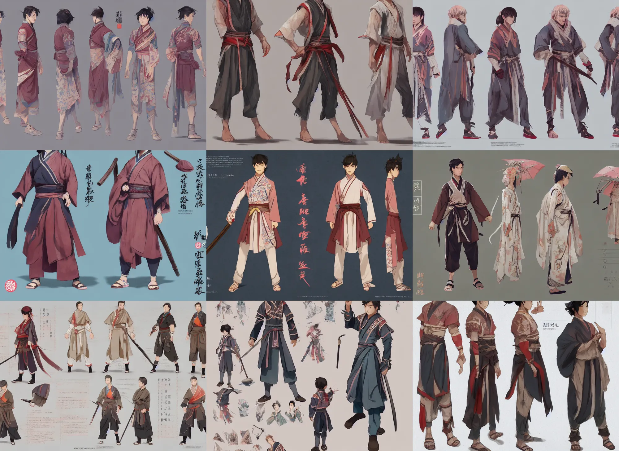 Prompt: character sheet for a cute wuxia style boy, summer clothes has complex pattern, dynamic color, for genshin impact by greg rutkowski, by studio ghibli, digital art, trending on artstation, hd, 8 k, highly detailed, good lighting, beautiful, masterpiece