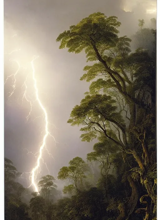 Prompt: a rain forest with extremely thin tall trees, dense, very epic atmosphere, tropical downpour of rain an lightning by asher brown durand, by yoshitaka amano