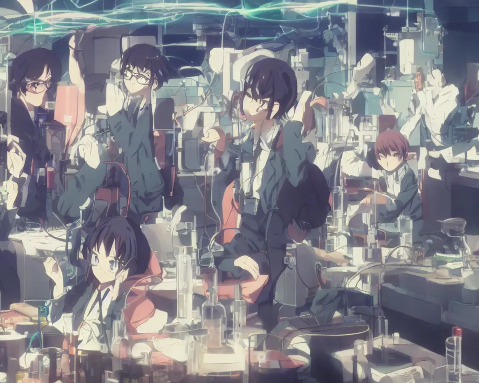 Image similar to anime still of reckless!!! whimsical! trippy scientists in a lab inventing, presentation, scattered tables overloaded with doomsday devices and beakers and test tubes, by makoto shinkai yoshinari yoh ilya kuvshinov